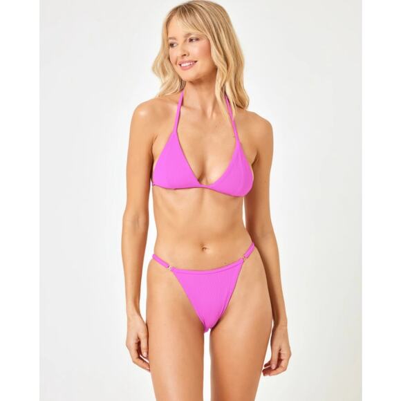L SPACE Lindsay Bikini Top Medium Pink Bright Fuchsia Ribbed Triangle NWT - Picture 3 of 13